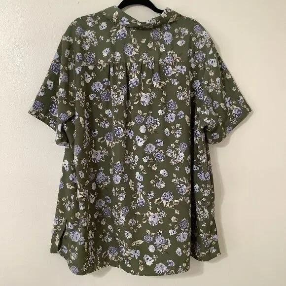 Vintage 90s Green Floral Cottagecore Retro Country Button Up Collared Shirt 2X - Picture 5 of 8